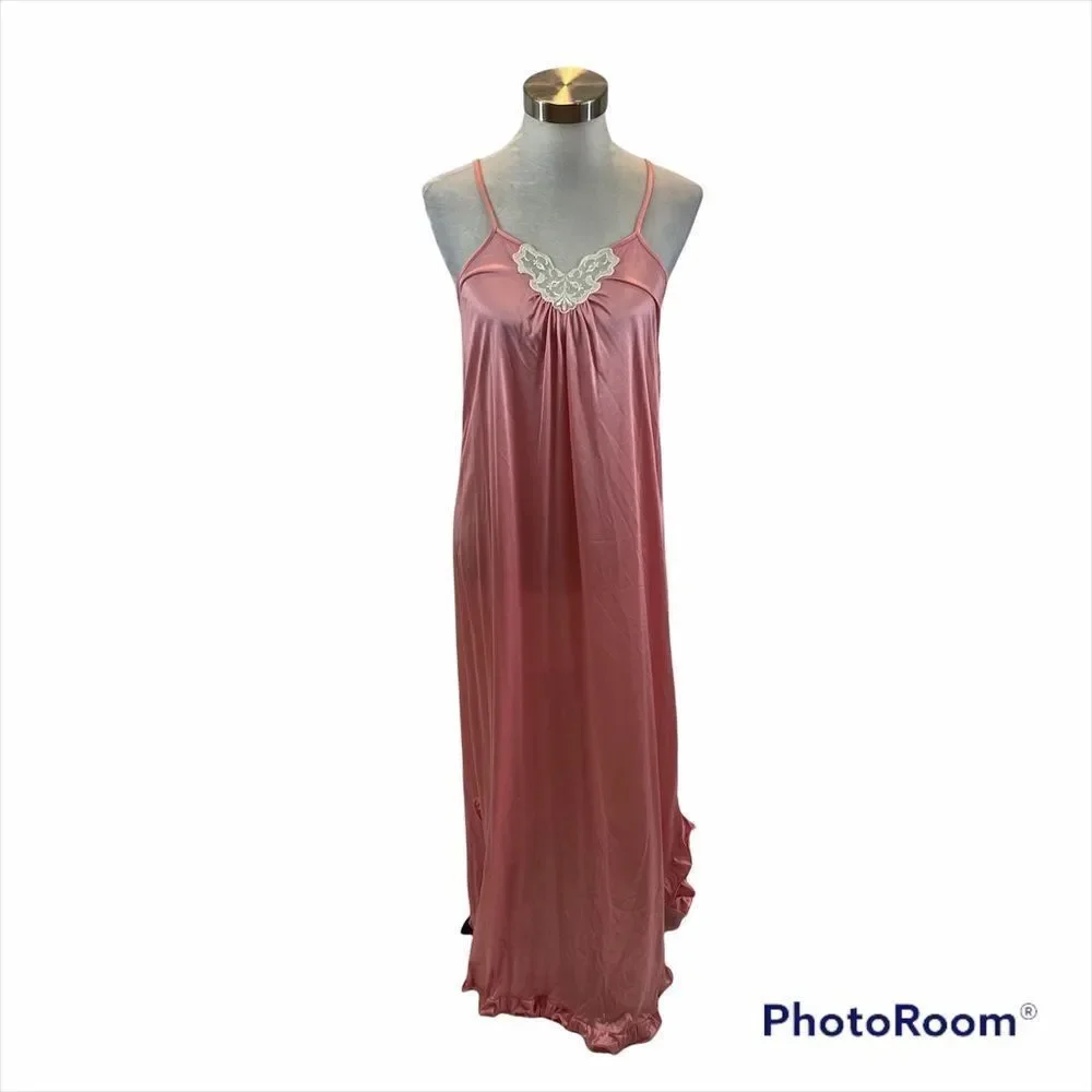 Ladies Vintage Berkleigh‎ Juniors Pink Maxi Length Nightgown Lace V Front Small